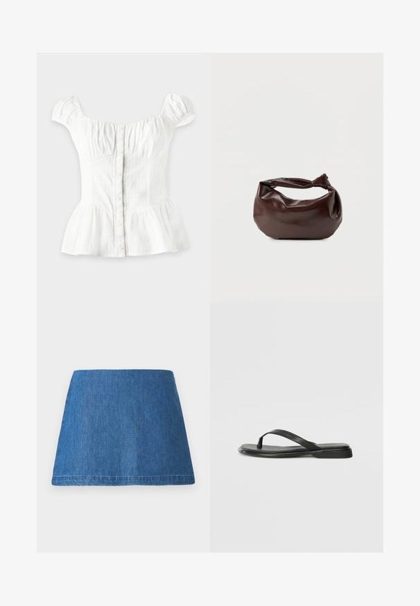 Valge lühikeste varrukatega pluus, millel on ees nööbid, kogutud rinnaosa, elastsed küljed, õhkpadjanditega varrukad ja lehvikujuline alläär heledal taustal.; Keskmise sinise tooni denim mini-seelik, millel on klassikaline A-linje kuju, puhas serv ja ei mingeid nähtavaid kaunistusi ega mustreid.; Musta sussumood, mis on valmistatud siledast nahast. Sellel on õhuke rihma disain ja lame tald minimaalsete joontega. Mingeid silmatorkavaid mustreid või aktsente ei ole.; Tumepruunast nahast õlakott, pehme ja lõdva vormiga, keeratud sõlme tüüpi sangaga, valgel ühevärvilisel taustal.