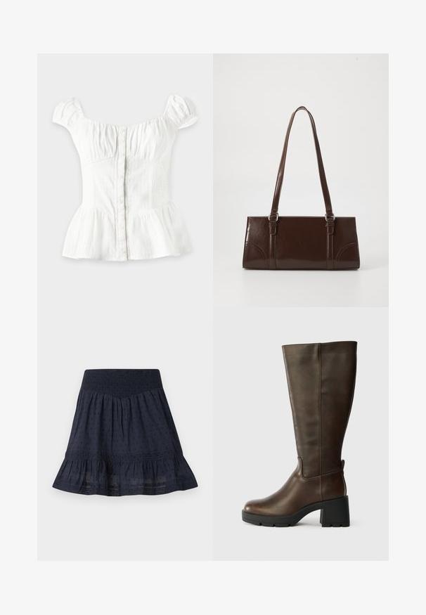 Blouse blanche à manches courtes avec boutons sur le devant, poitrine froncée, côtés élastiques, manches bouffantes et bas évasé sur fond clair.; Jupe bleu marine longueur genou avec taille smockée élastique, motif discret à pois et ourlet volanté.; Bottine en cuir marron jusqu'au genou avec un talon épais noir et une finition texturée. Présente un bout rond et des détails de couture latérale subtils.; Sac à main en cuir verni marron de forme rectangulaire, avec deux longues poignées et des accents courbés subtils à l'avant.