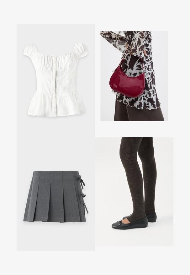 Blouse blanche à manches courtes avec boutons sur le devant, poitrine froncée, côtés élastiques, manches bouffantes et bas évasé sur fond clair.; Jupe mini plissée grise en tissu texturé, avec une fermeture à nouer sur un côté et une ceinture lisse pour plus de confort.; Jambes portant des leggings côtelés foncés associés à des ballerines noires avec de petits détails en nœud sur fond blanc.; Femme portant un chemisier à motif noir et blanc tenant un sac à main rouge brillant sur un fond uni.