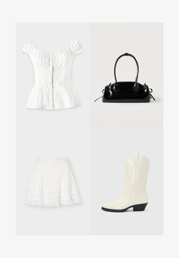 Blouse blanche à manches courtes avec boutons sur le devant, poitrine froncée, côtés élastiques, manches bouffantes et bas évasé sur fond clair.; Mini-jupe plissée blanche avec bordure en dentelle à l'ourlet et deux bandes horizontales en dentelle au-dessus du bord inférieur froncé.; Botte blanche de style western mi-mollet avec bout pointu, talon empilé noir, coutures décoratives et languette de tirage sur la tige.; Petit sac à main noir brillant avec deux longues anses et des détails à cordon sur les côtés sur un fond clair uni.