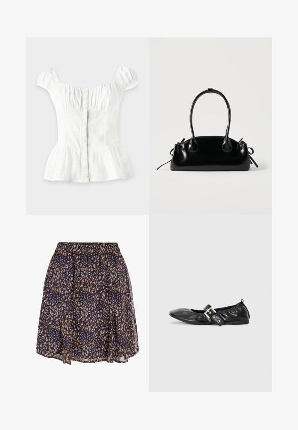 Hvid bluse med korte ærmer med knapper foran, rynket bryst, elastiske sider, puffede ærmer og udvidet peplum på en lys baggrund.; Marineblå og brun leopardprint kort nederdel med elastisk taljebånd og lette, let gennemsigtige stoflag.; Sorte læder flade sko med spids tå, samling detaljer omkring åbningen, og en sølv spænde accent på den justerbare rem.; Lille sort blank håndtaske med to lange håndtag og snøre-detaljer i siden på en ensfarvet lys baggrund.