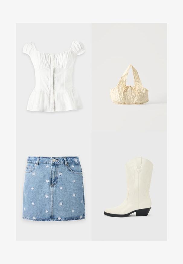 Weiße kurzärmelige Bluse mit Knopfleiste vorne, geraffter Brust, elastischen Seitenteilen, aufgesetzten Ärmeln und ausgestelltem Peplum-Saum auf hellem Hintergrund.; Hellblauer Jeansrock mit weißen bestickten Blumenmotiven, fünf Taschen und Knopfverschluss, im geraden, mini-langen Schnitt.; Weißer Western-Stiefel in mittlerer Wadenhöhe mit spitzer Schuhspitze, schwarzem gestapeltem Absatz, dekorativen Nähten und Zuglasche an der Schaftseite.; Handtasche aus cremefarbenem strukturiertem Stoff mit oberen Griffen und einer kleinen gebundenen Schleife in der Mitte vorne.