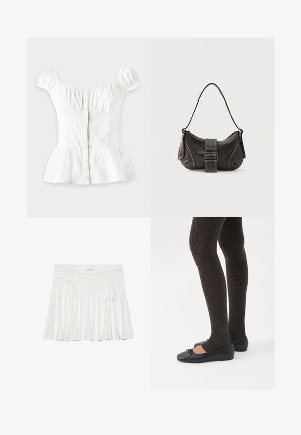 Hvid bluse med korte ærmer med knapper foran, rynket bryst, elastiske sider, puffede ærmer og udvidet peplum på en lys baggrund.; Hvid, flagrende nederdel lavet af blødt stof, med samlet sideløsninger og justerbare snore, der skaber en flydende silhuet.; Ben iført mørke ribbede leggings kombineret med sorte balletsko med små sløjfedetaljer på hvid baggrund.; Sort læder skuldertaske med spænde på remmen, afrundede kanter og kontrasterende hvide syninger på en ensfarvet baggrund.