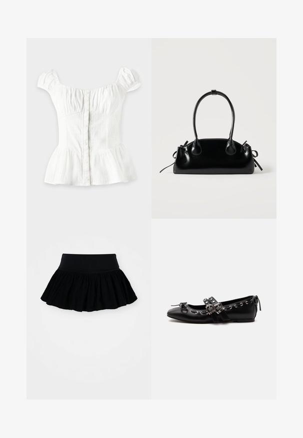 Blusa blanca de manga corta con botones en el frente, busto fruncido, laterales elásticos, mangas abullonadas y bajo peplum acampanado sobre un fondo claro.; Falda negra acampanada con tejido fruncido y texturizado y una cinturilla ancha. Diseño simple, sin patrones ni herrajes presentes.; Zapato de ballet plano negro con correas de doble hebilla, ojales plateados y un pequeño lazo cerca de la puntera redondeada sobre un fondo blanco.; Pequeño bolso negro brillante con dos asas largas y detalles de cordón lateral sobre un fondo claro liso.