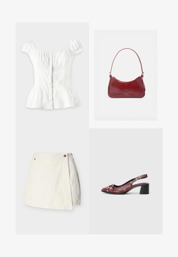 Blouse blanche à manches courtes avec boutons sur le devant, poitrine froncée, côtés élastiques, manches bouffantes et bas évasé sur fond clair.; Mini-jupe en denim blanc avec devant style portefeuille, passants pour ceinture et fermeture à bouton métallique sur la taille.; Chaussure slingback en cuir bordeaux avec un bout arrondi, un design incurvé, des accents en métal argenté et un talon bloc. Finition texturée.; Petit sac à main brillant rouge foncé avec une seule bandoulière, fermeture éclair argentée et logo « RAID » au centre avant.