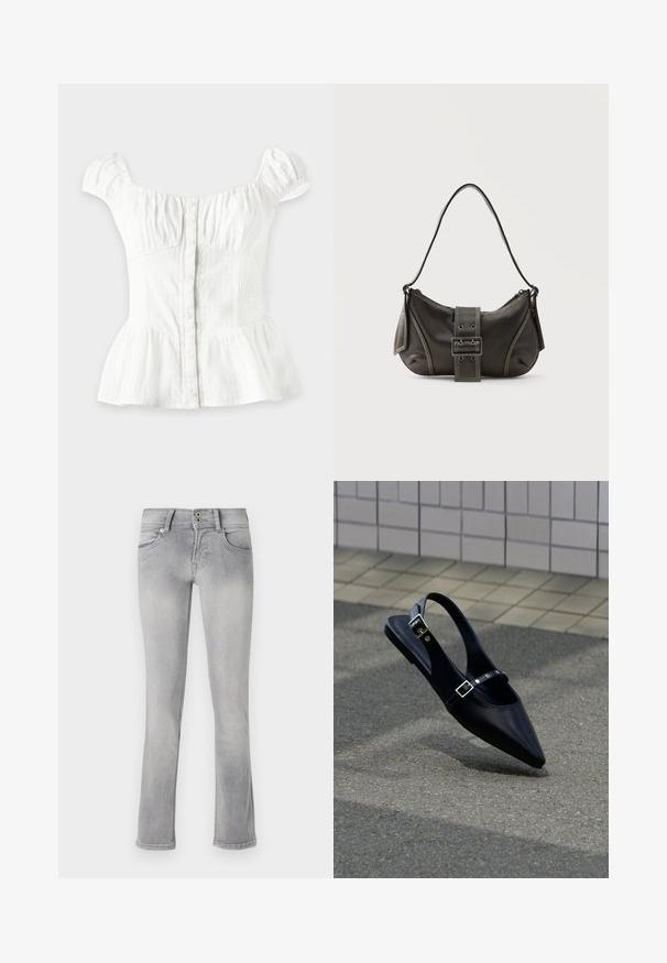Hvid bluse med korte ærmer med knapper foran, rynket bryst, elastiske sider, puffede ærmer og udvidet peplum på en lys baggrund.; Grå denimjeans med en tætsiddende design, let flare ved kanten, to forlommer og en knaplukning. Faded tekstur overalt.; Sort flad slingback med spids tå og dobbelte spænder, hvilende på grå asfalt nær flisevæg.; Sort læder skuldertaske med spænde på remmen, afrundede kanter og kontrasterende hvide syninger på en ensfarvet baggrund.