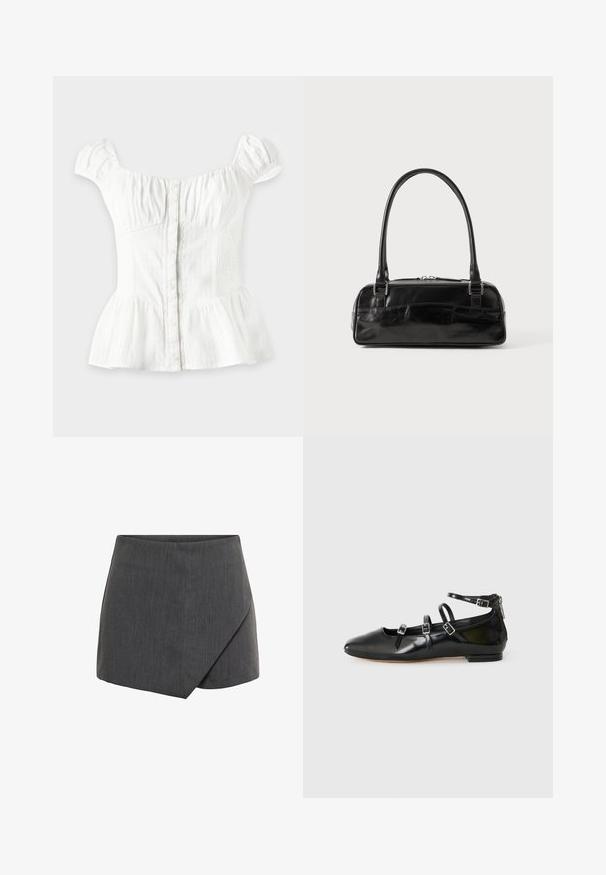 Hvid bluse med korte ærmer med knapper foran, rynket bryst, elastiske sider, puffede ærmer og udvidet peplum på en lys baggrund.; Grå kort nederdel med wrap-design i et glat, tekstureret stof. Skræddersyet pasform med en skrå afslutning og rene kanter.; ALDO NELTA - Ballerinasko - black; Sort læderhåndtaske med rektangulær form, der har et enkelt struktureret håndtag, sølvhardware og lynlås-lukning. Glat tekstur.