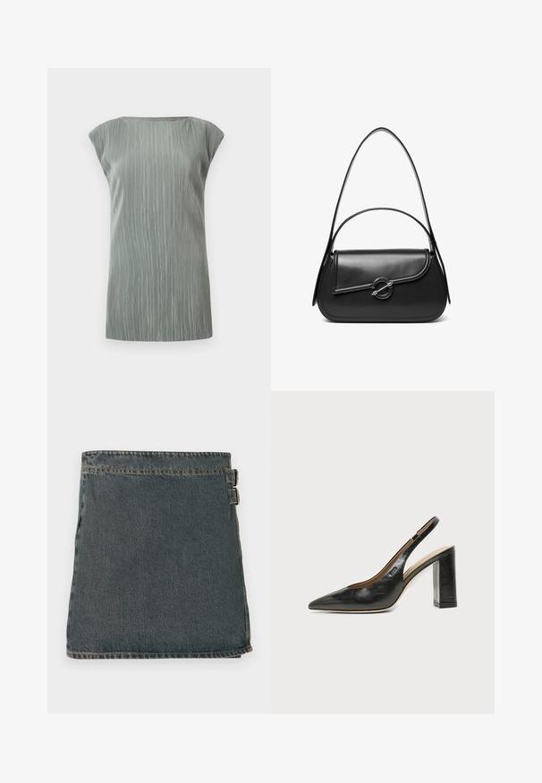 Hõlmbaar, helehall soonikkoes kampsun, millel on paadikaelus ja sirge äärega põhi.; Tumed denim hõlmikseelik tumesinises värvitoonis, millel on tekstuuriga pind, kahe külgmise klambriga ja sirge äärega. Näha on õmbluste jooni äärealadel.; Mustast nahast terava varbaga slingback-kinga kõrge plokk-kontsaga ja beežsisemise voodriga tavalise heledal taustal.; Must nahast õlakott kõverda kaanega, mida hoiab kinni ümmargune metallist klamber ja millel on õhuke, reguleeritav rihm.