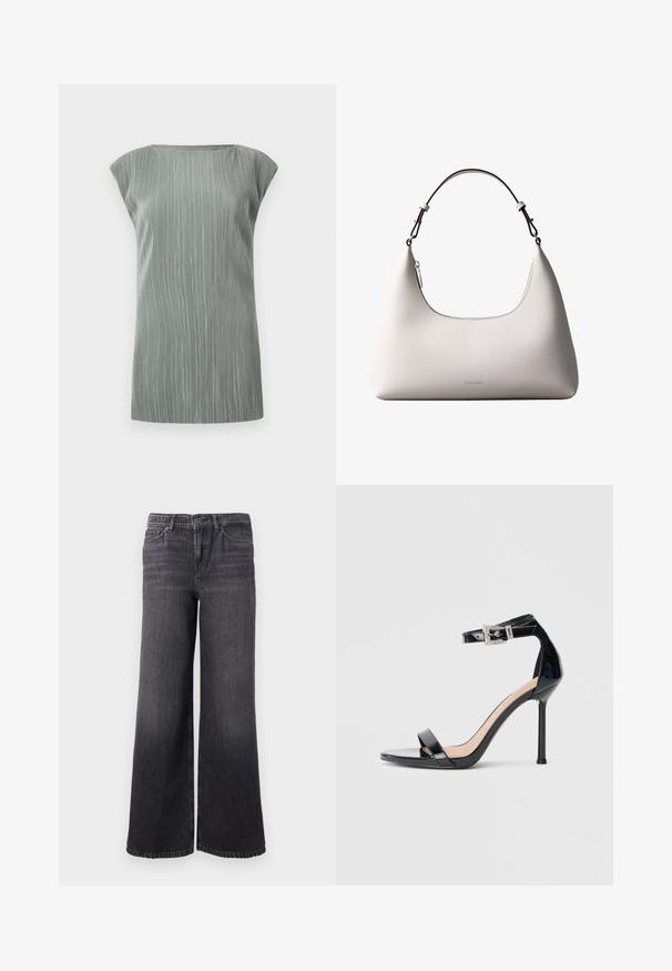 Ærmeløs lysegrå ribstrikket top med bådudskæring og lige kant.; Bredde ben mørkegrå denimjeans med en subtil falmning, der har knaplukning, fem lommer og en lige kant ved anklen.; Sort højhælet sandal i laklæder med ankelrem. Har minimalistisk design, åben tå og spænde med rhinsten-detaljer.; Cremefarvet skuldertaske i læder fra Calvin Klein med buet topkant, sølvfarvet lynlås og mørkebrun justerbar rem.