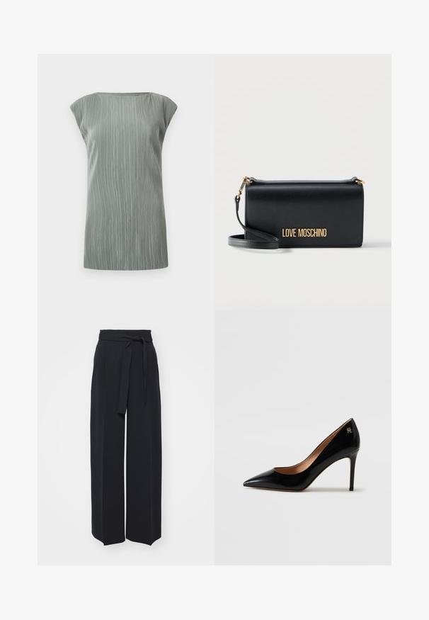 Hihaton vaaleanharmaa ribbineulottu toppi veneaukkokauluksella ja suoralla helmalla.; Leveled black trousers made of soft fabric. Features a belted waistband and front pleats. Smooth texture with a clean, contemporary design.; Korkokenkä korkean kiiltävän mustan patenttinan nahkaisella kantapäällä, jossa on kapea stiletto-korko ja pieni kultainen koristeellinen logo lähellä kantapäätä.; Mustasta nahasta valmistettu suorakaiteen muotoinen clutch-laukku, jossa on kullanvärinen "LOVE MOSCHINO" -logo ja irrotettava ranneke, valkoisella taustalla.