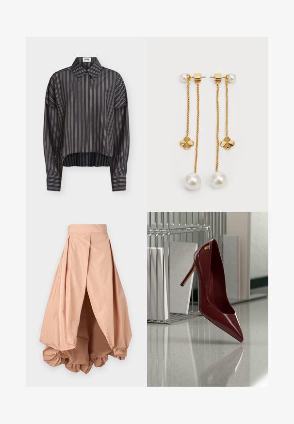 Marineblå langærmet skjorte med lodrette beige striber, klassisk krave, knapmanchetter og en let buet kant.; Peachfarvet puffskørt lavet af letvægtsstof, med en samlet søm og plisseret design i taljen for en voluminøs silhuet.; Skinnende mørkerød højhælet sko med spids snude, stående på en reflekterende grå gulv nær en metalfilarrangør.; Guldtonede drop-øreringe med kæder, runde perler og blomsterrunde detaljer. Slankt design med polerede overflader og et delikat udseende.