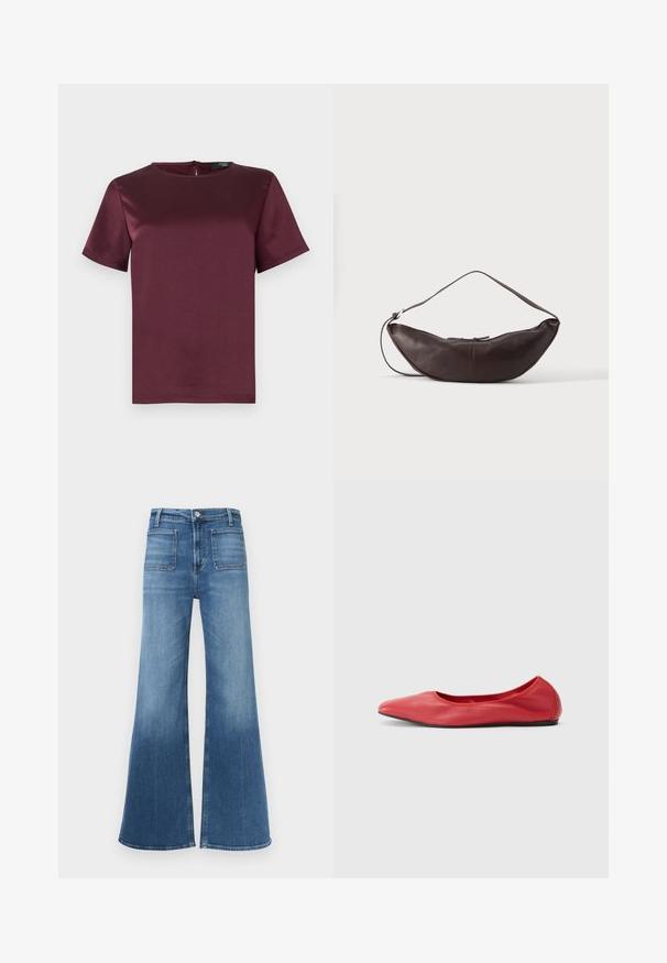 Bordeauxkleurig T-shirt met korte mouwen, een ronde hals, een gladde, satijnachtige textuur en een ritssluiting aan de achterkant. Geen patronen of versieringen.; Flared blauwe denim jeans met een middenhoogte taille, vijf zakken en een vervaagde was. Voorzien van riemlussen en een enkele knoopsluiting.; Filippa K REY FLATS - Ballerina's - bright red; Donkerbruine leren schoudertas in halve maan vorm met een gebogen band en zichtbare stiksels op een effen achtergrond.