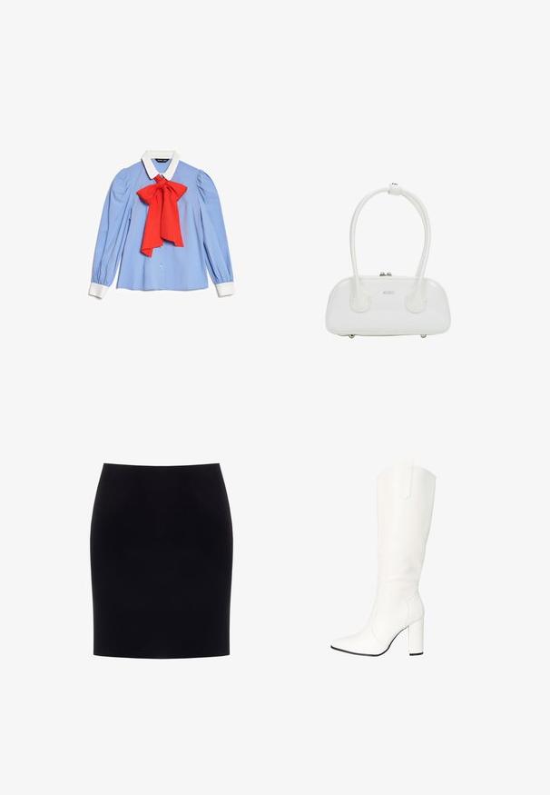Blouse bleue à manches longues avec col et poignets blancs, avec un grand nœud rouge noué au cou et une fermeture à boutons sur le devant.; Jupe crayon noire, longueur genou, avec une taille ajustée et un tissu lisse et uni, présentée sur un fond blanc.; Salinyang Bottes - weiss; Sac à main en cuir verni blanc avec poignées doubles arrondies, fermeture éclair argentée et logo discret "estro" sur le devant.