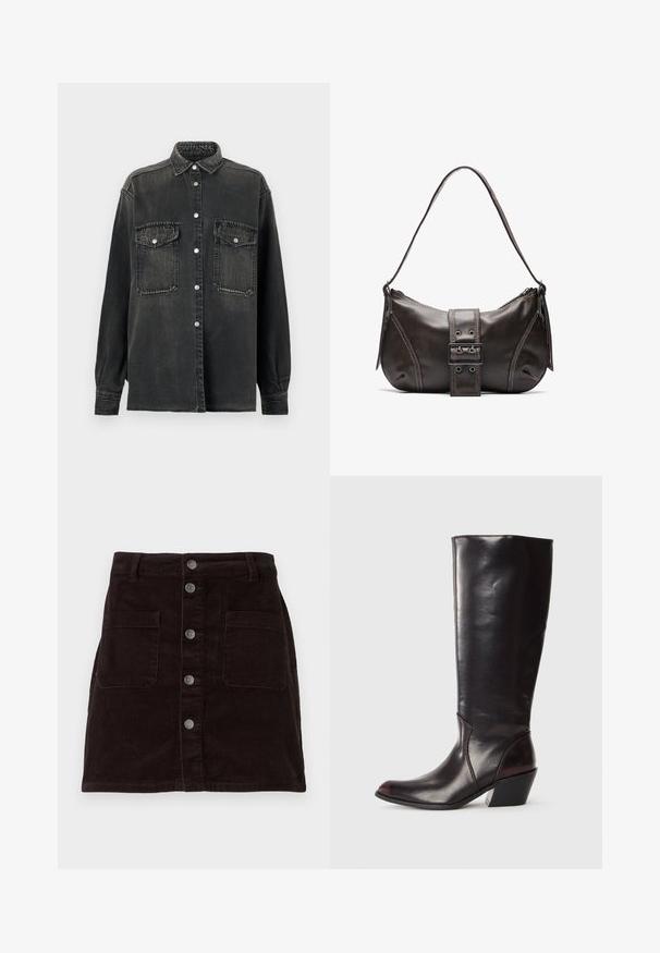 Replay SHIRT - Blusa - dark grey; Falda de pana marrón con un diseño ajustado, cierre frontal de botones, dos bolsillos laterales y textura acanalada vertical en toda la prenda.; Bota de cuero marrón oscuro hasta la rodilla con punta afilada, tacón angular y textura suave y brillante. Presenta un diseño limpio y detalles de costura.; Bolso de hombro de cuero marrón con forma curva, que presenta un prominente detalle de hebilla, costuras en contraste y una sola correa para el hombro.