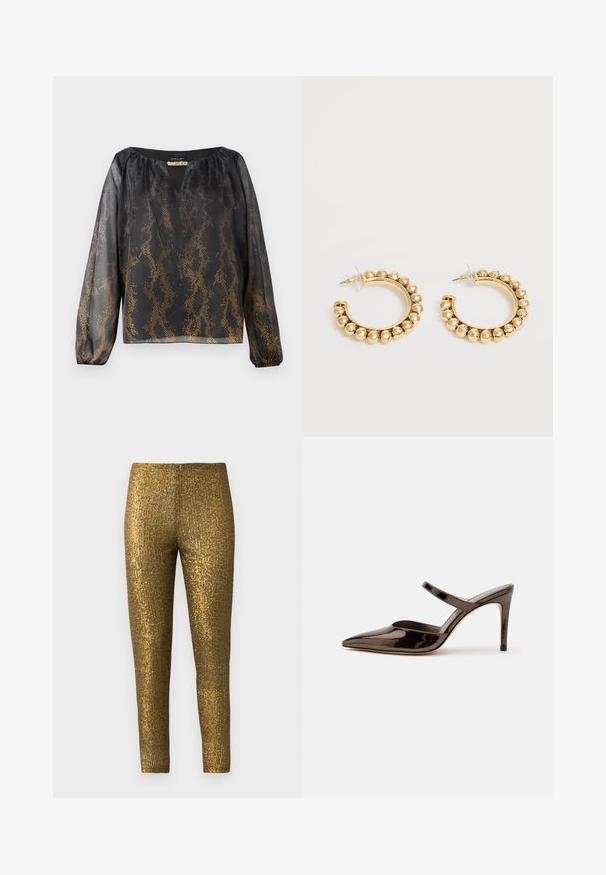 Zwart-gouden doorschijnende blouse met een slangenpatroon, voorzien van een V-hals, lange pofmouwen en gerimpelde manchetten. Gladde, lichtgewicht stof.; Gouden metallic legging met een getextureerd, verticaal streep patroon. De stof heeft een glanzende afwerking en een slanke, aansluitende pasvorm.; G glanzende donkerbruine mule met spitsen neus en hoge hak met een smalle band over de wreef op een effen witte achtergrond.; Een paar gouden creolen met afgeronde kraaldetails langs de buitenrand op een lichte achtergrond.