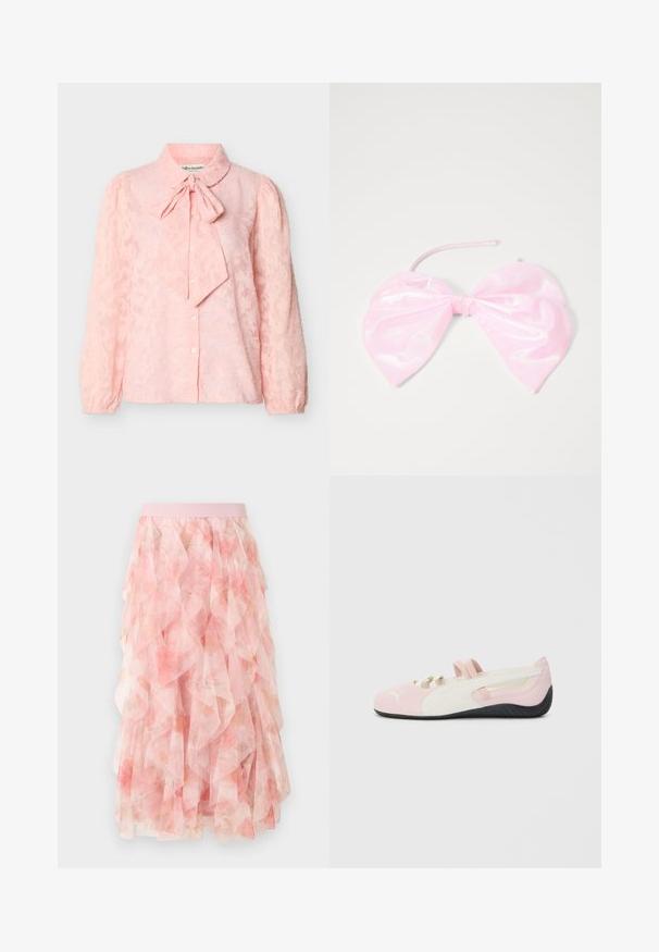 Lichtroze blouse met lange mouwen en een subtiel bloemmotief, knoopsluiting aan de voorkant, opgeblazen schouders en een strikboord.; Roze midi rok van gelaagde tule met bloemenpatroon en elastische tailleband, voorzien van zachte gerimpelde texturen.; Roze suede instapper met witte accenten, rubberen zool en elastische bandjes. Kenmerkt zich door een gestructureerd ontwerp en een klein logo aan de voorkant.; Roze, glanzige haaraccessoire in de vorm van een grote strik, met een gladde textuur en een dunne band om het op zijn plaats te bevestigen.