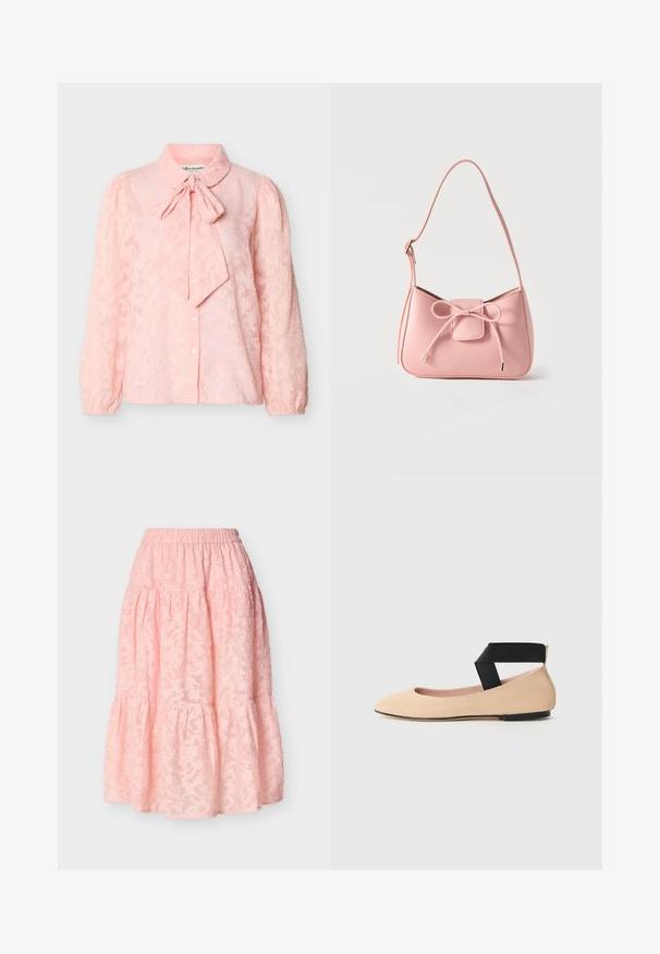 Lichtroze blouse met lange mouwen en een subtiel bloemmotief, knoopsluiting aan de voorkant, opgeblazen schouders en een strikboord.; Lichtroze gelaagde rok met een elastische tailleband en subtiel bloemmotief in de stof, halflang en met een vloeiende stof.; Beige leren balletschoenen met een spitse neus en een zwarte band rond de enkel, met een gladde textuur en een minimalistisch ontwerp.; Kleine schoudertas in pastelroze met verstelbare band en een strikdetail aan de voorkant met goudkleurige uiteinden, afgebeeld op een effen achtergrond.