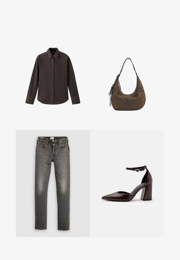 Braunes Langarmhemd mit spitzem Kragen, vorderer Knopfleiste und einer Brusttasche. Glatter Stoff und lockere Passform.; Graue Jeans aus Denim mit geradem Bein, mit beschädigter Textur, subtilen Verwaschungen, kupfernen Nieten und einem klassischen Knopfverschluss.; Dunkelbrauner Leder-Pumps mit spitzer Kappe, hohem Absatz, Knöchelriemen und silberner Schnalle auf weißem Hintergrund.; Braune Wildleder-Schultertasche mit dunklen Lederblumen-Ausschnitten und einem schwarzen verstellbaren Riemen mit Quasten-Detail.