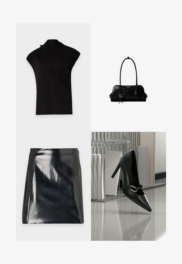 Top noir à col montant avec manches courtes, présentant un design asymétrique et une longue cravate. Fabriqué en tissu lisse au look minimaliste.; Mini-jupe en cuir noir avec une finition brillante. Présente des détails de couture visibles et une silhouette ajustée. Texture lisse sur l'ensemble.; Chaussure à talon haut noire pointue avec une bride à boucle argentée, placée sur une surface réfléchissante près d’un organiseur métallique contenant des papiers.; Sac à épaule en cuir noir à texture crocodile, avec de longues sangles et un petit charm logo argenté sur une sangle.