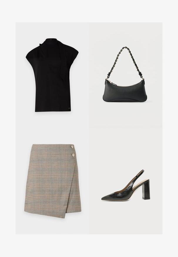 Sort, højhalset top med korte ærmer, der har et asymmetrisk design og et langt halsbånd. Lavet af glat stof med et minimalistisk udtryk.; Grå plaid omslagskørt med orange, brune og creme farver. Har to store knapdetaljer på taljen og en flot finish.; Sort læder peep-toe slingback sko med høj blokhæl og beige indvendig foring mod en ensfarvet lys baggrund.; Sort skuldertaske i læder med en buet rektangulær form, gyldent kæde vævet ind i en flettet sort rem og toplynlås.