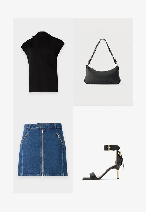 Sort, højhalset top med korte ærmer, der har et asymmetrisk design og et langt halsbånd. Lavet af glat stof med et minimalistisk udtryk.; Mørkeblå denimnederdel med to forreste lynlåslommer og en central lynlåslukning. Har en lige pasform og minimal syning.; Sort læder hæl sandal med firkantet tå, ankelrem med en guldbuckle og en slank metallisk hæl. Glat tekstur, minimalistisk design.; Sort skuldertaske i læder med en buet rektangulær form, gyldent kæde vævet ind i en flettet sort rem og toplynlås.