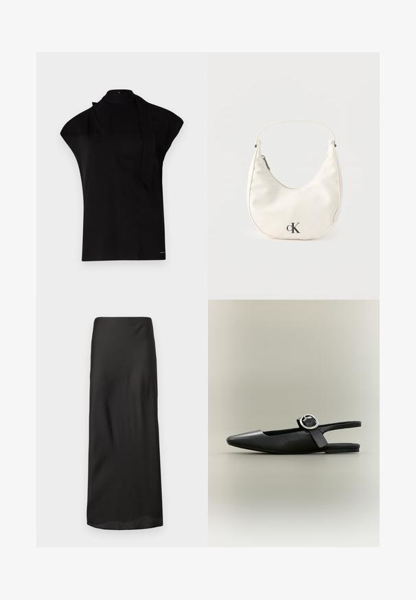 Zwarte top met hoge hals en kapmouwen, met een asymmetrisch ontwerp en een lange nekband. Gemaakt van een gladde stof met een minimalistische uitstraling.; Zwarte maxi rok van glad, lichtgewicht stof. Heeft een rechte silhouet met een elastische tailleband en geen zichtbare patronen of versieringen.; Zwarte puntschoen met lage hak en zilveren gesp, slingback model op een neutrale achtergrond.; Kleine witte handtas in de vorm van een halve maan met een kort hengsel, ritssluiting en zwart "cK" logo aan de voorkant.