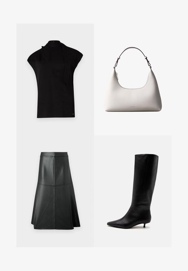 Top negro de cuello alto con mangas tipo farol, que presenta un diseño asimétrico y una larga corbata al cuello. Hecho de un tejido suave con un aspecto minimalista.; Falda de cuero negro en forma de A, con textura suave, longitud a mitad de la pantorrilla, presenta detalles de costura horizontal en la cintura y las costuras para mayor estructura.; Bota alta de cuero negro hasta la rodilla con puntera puntiaguda y tacón bajo tipo kitten sobre un fondo claro y liso.; Bolso de hombro de cuero color crema de Calvin Klein con borde superior curvado, cremallera plateada y correa ajustable marrón oscuro.