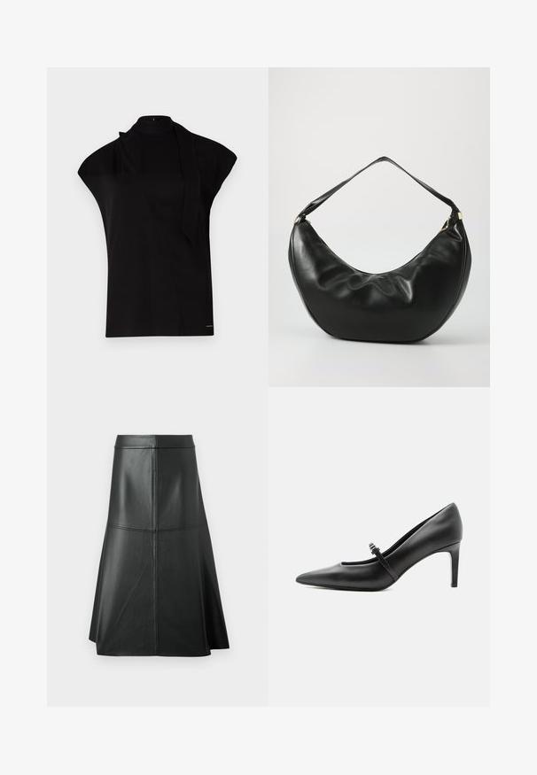 Top negro de cuello alto con mangas tipo farol, que presenta un diseño asimétrico y una larga corbata al cuello. Hecho de un tejido suave con un aspecto minimalista.; Falda de cuero negro en forma de A, con textura suave, longitud a mitad de la pantorrilla, presenta detalles de costura horizontal en la cintura y las costuras para mayor estructura.; Zapato de tacón alto de cuero negro con punta puntiaguda, con tira fina y hebilla sobre el empeine, sobre fondo claro y neutro.; Bolso de hombro de cuero negro con una forma curva, textura suave y una sola correa; cuenta con un zipper dorado y un branding sutil.