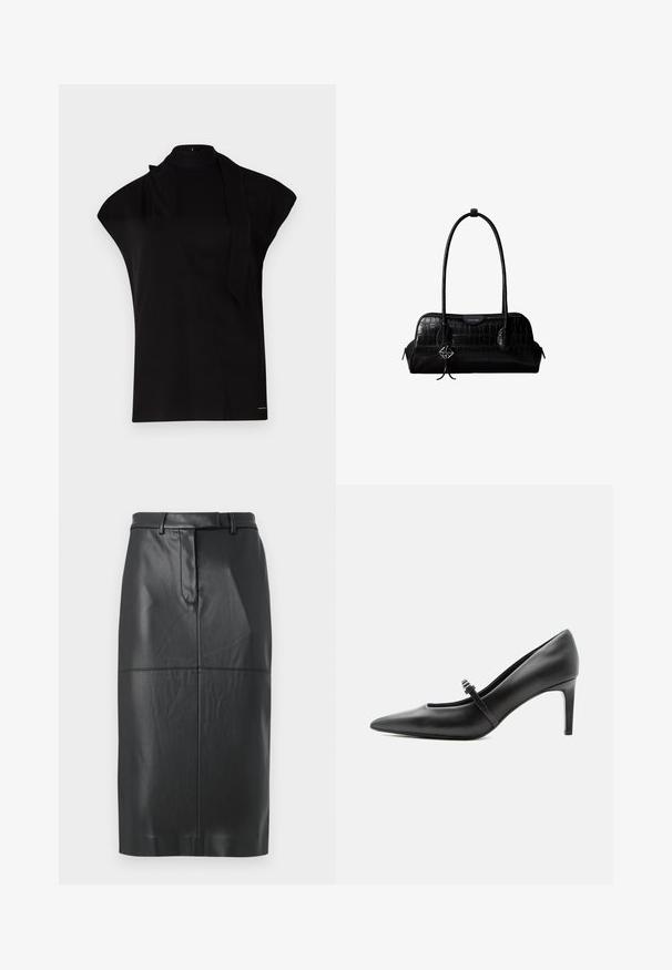 Top noir à col montant avec manches courtes, présentant un design asymétrique et une longue cravate. Fabriqué en tissu lisse au look minimaliste.; Jupe crayon en simili cuir noir avec passants de ceinture, couture frontale et fermeture dissimulée, longueur genoux avec une finition lisse.; Escarpin noir en cuir à bout pointu avec une fine bride et une boucle sur le cou-de-pied, posé sur un fond clair neutre.; Sac à épaule en cuir noir à texture crocodile, avec de longues sangles et un petit charm logo argenté sur une sangle.
