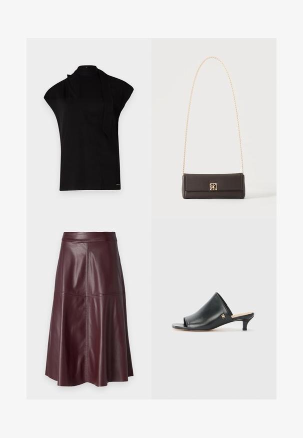 Schwarzes, hochgeschlossenes Oberteil mit kurzen Ärmeln, das ein asymmetrisches Design und eine lange Halsschleife aufweist. Hergestellt aus glattem Stoff mit einem minimalistischen Look.; Dunkelburgunderfarbener knielanger A-Linien-Lederrrock mit sichtbaren vertikalen und horizontalen Nahtdetails.; Schwarze Leder-Pantoletten mit offenen Zehen und niedrigem Absatz. Sie verfügen über eine glatte Oberfläche und ein goldenes Logo-Detail an der Seite.; Rechteckige dunkelbraune Ledertasche mit goldener Kettenriemen und einem kleinen quadratischen goldenen Verschluss auf der Vorderseite in der Mitte.