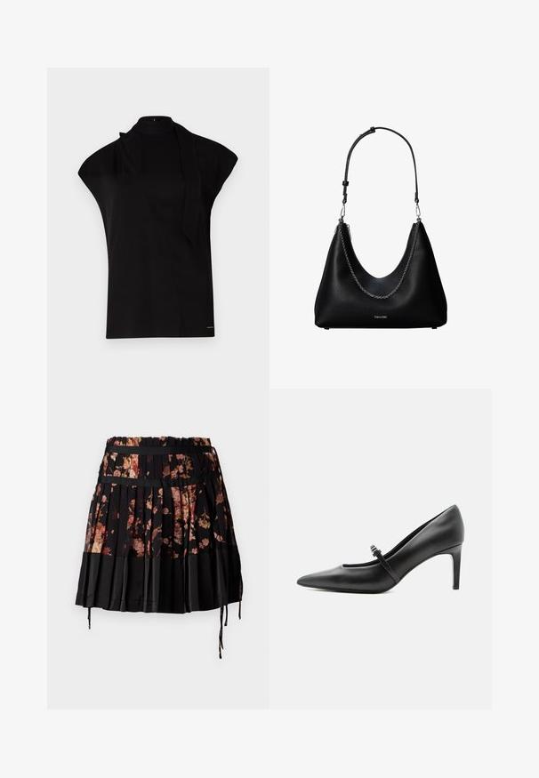 Zwarte top met hoge hals en kapmouwen, met een asymmetrisch ontwerp en een lange nekband. Gemaakt van een gladde stof met een minimalistische uitstraling.; Zwarte geplooide rok met een bloemenpatroon in tinten van roze en oranje, voorzien van een brede tailleband en verstelbare koordjes aan de zoom.; Zwarte leren pumps met puntige neus, dunne riem en gesp over de wreef, staand op een neutrale lichte achtergrond.; Zwarte leren handtas met een zilveren kettingdetail en verstelbare schouderriem, met het Calvin Klein-logo aan de voorkant.