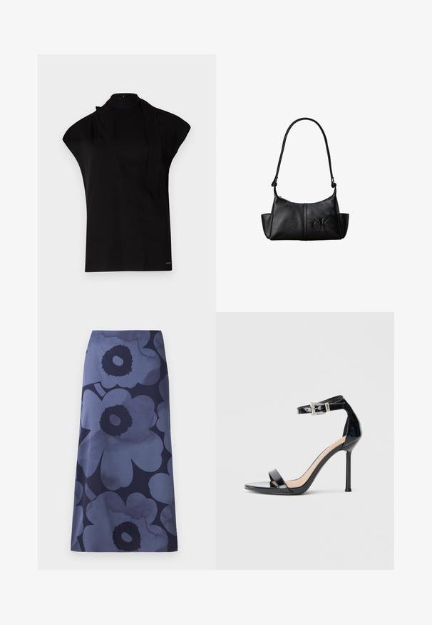 Zwarte top met hoge hals en kapmouwen, met een asymmetrisch ontwerp en een lange nekband. Gemaakt van een gladde stof met een minimalistische uitstraling.; Midi-jurk met bloemenprint met grote donkerblauwe bloemen op een lichterblauwe achtergrond; de stof lijkt glad met een licht glanzende textuur.; Zwarte sandalen met hoge hak van lakleer en een enkelriempje. Heeft een minimalistisch ontwerp, open teen en een gesp met strass-steentjes.; Zwarte leren schoudertas met lange band, zijvakjes en een reliëflogo van Calvin Klein aan de voorkant.