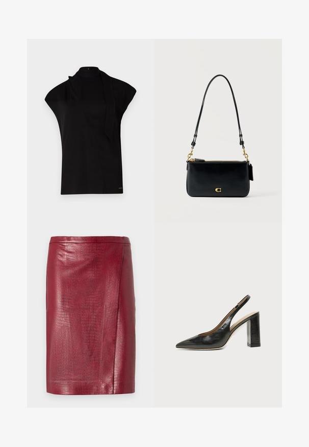 Top noir à col montant avec manches courtes, présentant un design asymétrique et une longue cravate. Fabriqué en tissu lisse au look minimaliste.; Jupe crayon en simili cuir rouge avec texture crocodile, coupe droite et longueur genoux.; Chaussure slingback en cuir noir à bout pointu avec un talon bloc haut et une doublure intérieure beige sur un fond clair uni.; Sac d'épaule en cuir noir avec fermeture éclair dorée, détail de fermoir doré et bandoulière réglable sur un fond clair uni.