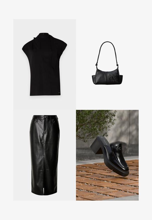 Zwarte top met hoge hals en kapmouwen, met een asymmetrisch ontwerp en een lange nekband. Gemaakt van een gladde stof met een minimalistische uitstraling.; Zwarte leren midi rok met een rechte snit, een vent achteraan en een klassieke vijf-pocket ontwerp met metalen hardware accenten.; Zwarte leren Calvin Klein slip-on mule met blokhak rustend op houten tegels buiten, vlak bij een groene plant en een grijze muur.; Zwarte leren schoudertas met lange band, zijvakjes en een reliëflogo van Calvin Klein aan de voorkant.