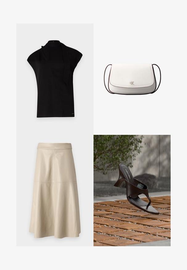 Sort, højhalset top med korte ærmer, der har et asymmetrisk design og et langt halsbånd. Lavet af glat stof med et minimalistisk udtryk.; Beige high-waist A-line lædernederdel med synlige sømdetaljer henover midten og tæt ved linningen.; Brun Calvin Klein hælet thong sandal svævende over træflise og grus udendørs med sløret grønt og stenmur i baggrunden.; Hvid skuldertaske med klaplukning, lille sølv "cK" logo i midten og tynd, justerbar, mørkebrun rem.