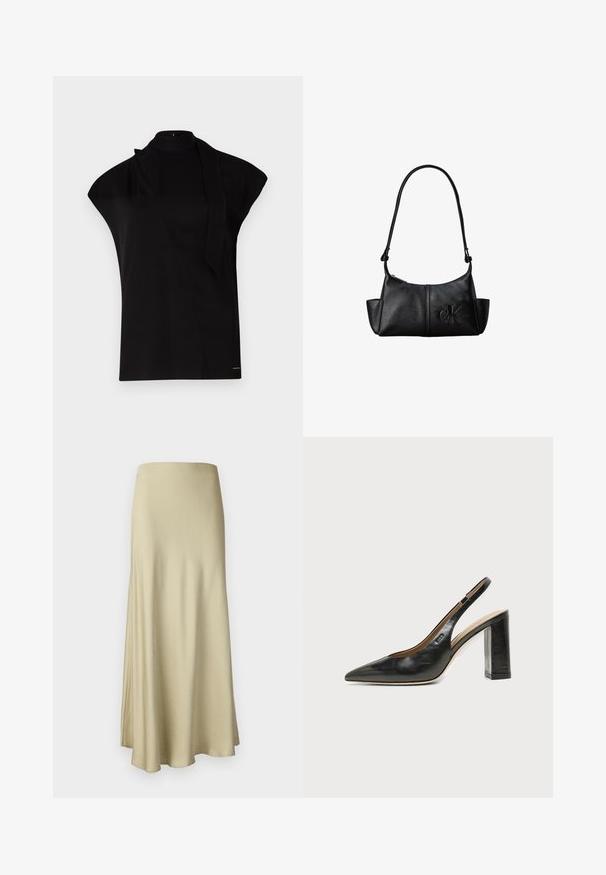 Top noir à col montant avec manches courtes, présentant un design asymétrique et une longue cravate. Fabriqué en tissu lisse au look minimaliste.; Jupe longue et fluide en beige, fabriquée en tissu doux. Elle présente une texture lisse et un design simple et minimaliste sans matériel visible.; Chaussure slingback en cuir noir à bout pointu avec un talon bloc haut et une doublure intérieure beige sur un fond clair uni.; Sac à bandoulière en cuir noir avec une longue sangle, des poches latérales et le logo Calvin Klein embossé sur le devant.