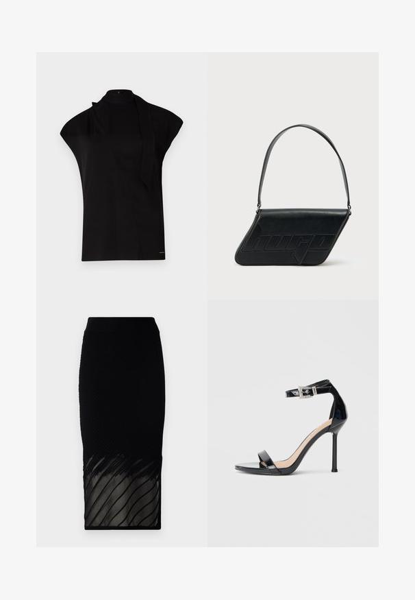 Schwarzes, hochgeschlossenes Oberteil mit kurzen Ärmeln, das ein asymmetrisches Design und eine lange Halsschleife aufweist. Hergestellt aus glattem Stoff mit einem minimalistischen Look.; Schwarze Rock mit gerippter Textur, der einen transparenten unteren Teil mit horizontalen Streifen hat. Das Design sitzt figurbetont und reicht bis zur Mitte der Wade.; Schwarzer Riemchensandale aus Lackleder mit hohem Absatz und Knöchelriemen. Verfügt über ein minimalistisches Design, offene Zehenpartie und eine Schnalle mit Strassakzenten.; Schwarze Leder-Umhängetasche mit dreieckiger Form, geprägt mit Logo und einem einzigen verstellbaren Riemen. Minimalistisches Design mit glatter Textur.