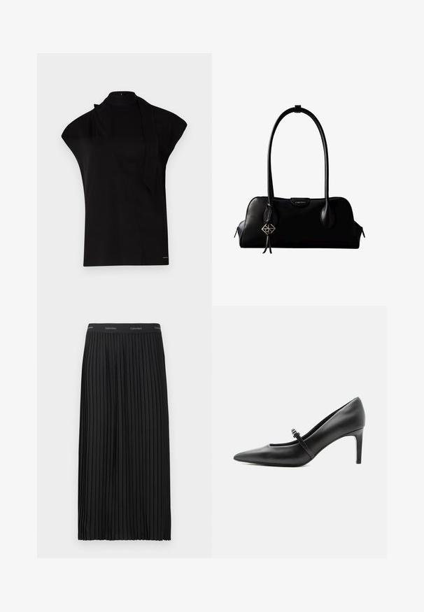 Zwarte top met hoge hals en kapmouwen, met een asymmetrisch ontwerp en een lange nekband. Gemaakt van een gladde stof met een minimalistische uitstraling.; Zwarte geplooide midi-skirt met een elastische tailleband en herhalend Calvin Klein-logo in het wit.; Zwarte leren pumps met puntige neus, dunne riem en gesp over de wreef, staand op een neutrale lichte achtergrond.; Zwarte leren Calvin Klein handtas met lange hengsels, een logo-label aan de voorkant en een zilverkleurige geometrische hanger die aan één hengsel hangt.