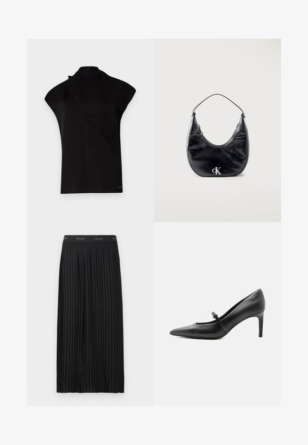 Sort, højhalset top med korte ærmer, der har et asymmetrisk design og et langt halsbånd. Lavet af glat stof med et minimalistisk udtryk.; Sort plisset midi-nederdel med elastisk talje, der har et gentagende Calvin Klein-logo i hvid.; Sort læderspids højhælede sko med tynd rem og spænde over vristen, stående på en neutral lys baggrund.; Sort lædertaske i halvmåneform med kort strop og sølvfarvet "cK"-logo foran, lynlåslukning i toppen.