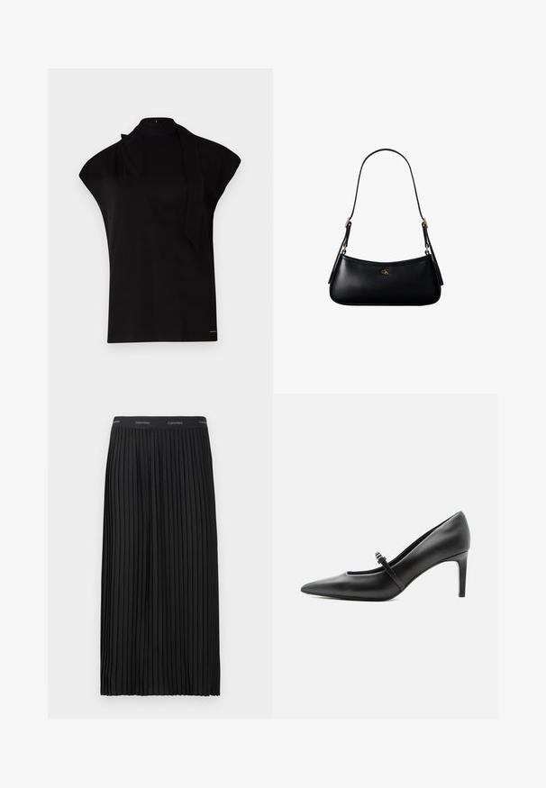 Zwarte top met hoge hals en kapmouwen, met een asymmetrisch ontwerp en een lange nekband. Gemaakt van een gladde stof met een minimalistische uitstraling.; Zwarte geplooide midi-skirt met een elastische tailleband en herhalend Calvin Klein-logo in het wit.; Zwarte leren pumps met puntige neus, dunne riem en gesp over de wreef, staand op een neutrale lichte achtergrond.; Zwarte leren mini schoudertas met een dun riempje en klein goudkleurig CK-logo aan de voorkant in het midden.