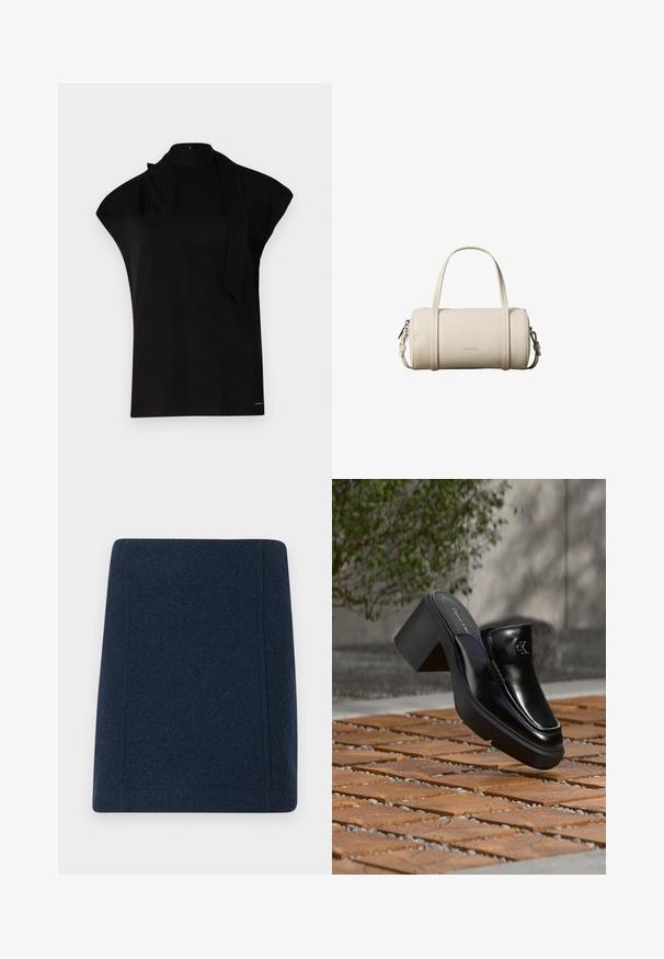 Zwarte top met hoge hals en kapmouwen, met een asymmetrisch ontwerp en een lange nekband. Gemaakt van een gladde stof met een minimalistische uitstraling.; Marineblauwe wollen minirok met een rechte vorm, platte naden en een gladde textuur. Geen zichtbare patronen of versieringen.; Zwarte leren Calvin Klein slip-on mule met blokhak rustend op houten tegels buiten, vlak bij een groene plant en een grijze muur.; Kleine cilindervormige beige leren handtas met twee handvatten, een afneembare schouderriem en Calvin Klein-logo aan de voorkant.