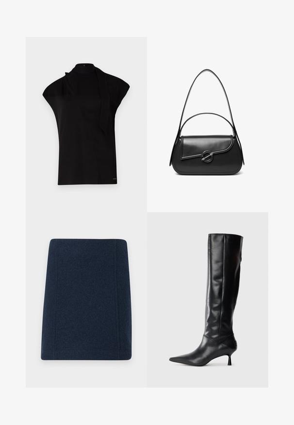 Top noir à col montant avec manches courtes, présentant un design asymétrique et une longue cravate. Fabriqué en tissu lisse au look minimaliste.; Jupe mini en laine bleu marine avec une coupe droite, des coutures plates et une texture lisse. Sans motifs ni ornements visibles.; Botte en cuir noir hautes jusqu'au genou avec un bout pointu et un talon fin et courbé. Texture lisse, design ajusté, sans matériel ni motifs visibles.; Sac à bandoulière en cuir noir avec un rabat incurvé fermé par un fermoir métallique rond et une sangle fine et ajustable.