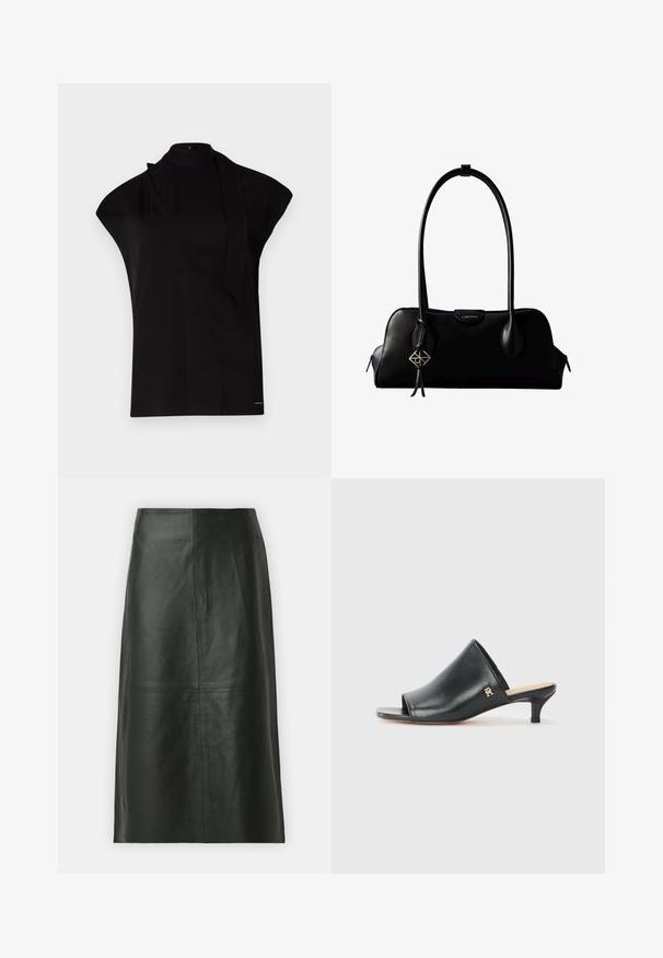 Zwarte top met hoge hals en kapmouwen, met een asymmetrisch ontwerp en een lange nekband. Gemaakt van een gladde stof met een minimalistische uitstraling.; Zwarte leren midi-rok met een rechte snit. Gladde textuur, minimale naden en een nauwsluitende tailleband. Geen zichtbare zakken of extra details.; Zwarte leren open teen muiltjes met een lage hak. Heeft een glad oppervlak en een gouden logo accent aan de zijkant.; Zwarte leren handtas van Calvin Klein met lange schouderband, ritssluitingen aan de zijkanten en een decoratieve hanger aan één band.