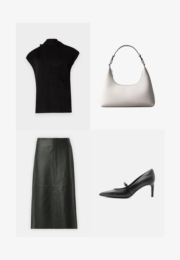 Sort, højhalset top med korte ærmer, der har et asymmetrisk design og et langt halsbånd. Lavet af glat stof med et minimalistisk udtryk.; Sort læder midi-nederdel med lige snit. Glat tekstur, minimale sømme og en tætsiddende talje. Ingen synlige lommer eller yderligere detaljer.; Sort læderspids højhælede sko med tynd rem og spænde over vristen, stående på en neutral lys baggrund.; Cremefarvet skuldertaske i læder fra Calvin Klein med buet topkant, sølvfarvet lynlås og mørkebrun justerbar rem.