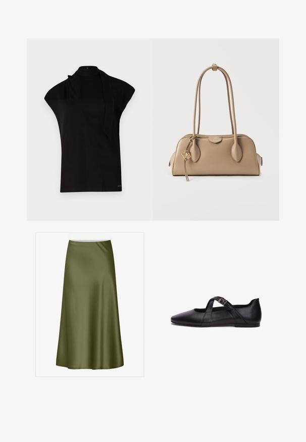 Sort, højhalset top med korte ærmer, der har et asymmetrisk design og et langt halsbånd. Lavet af glat stof med et minimalistisk udtryk.; Oliven grøn, knælængde satin nederdel med en glat tekstur og blød flare. Har en talje og ingen synlige lukninger eller mønstre.; Sort læder flad sko med spids tå og krydsrem fastgjort med en lille guldbøjle på siden.; Beige håndtaske med glat lædertekstur. Rund form, to lange håndtag og en gulddetalje på lynlåsen.
