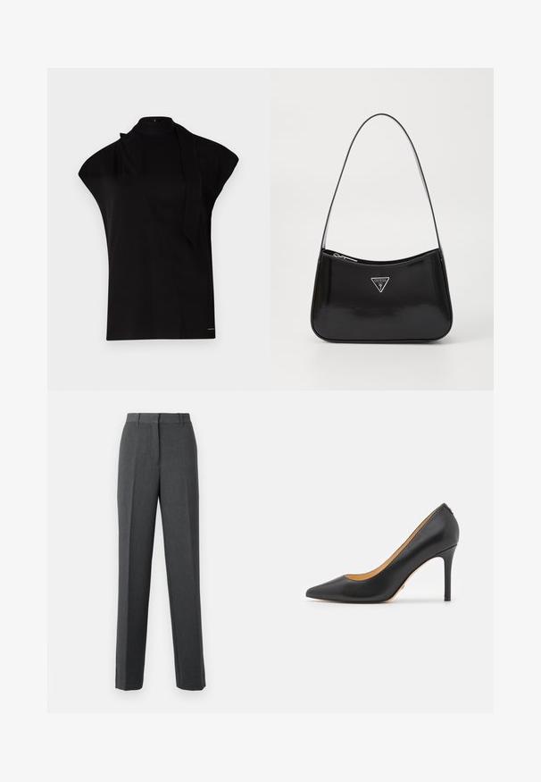 Zwarte top met hoge hals en kapmouwen, met een asymmetrisch ontwerp en een lange nekband. Gemaakt van een gladde stof met een minimalistische uitstraling.; Donkergrijze op maat gemaakte pantalon met een rechte pijp, riemlussen en een verborgen sluiting aan de voorkant.; Zwarte leren puntige hakken met een stiletto hak, voorzien van een gladde textuur en een minimalistisch ontwerp. Interieur is gevoerd in een tan kleur.; Zwarte lakleren schoudertas met een gebogen vorm, voorzien van een zilveren driehoeklogo en een ritssluiting. Gladde textuur en slanke schouderband.