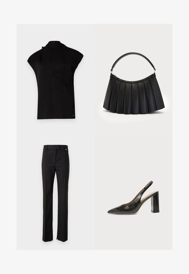 Top negro de cuello alto con mangas tipo farol, que presenta un diseño asimétrico y una larga corbata al cuello. Hecho de un tejido suave con un aspecto minimalista.; Pantalones negros ajustados con un diseño de pierna recta, que cuentan con una cinturilla con cierre de botón y aberturas en los laterales del dobladillo.; Zapato slingback de piel negra con puntera puntiaguda, tacón alto y ancho, y forro interior beige sobre un fondo claro y liso.; Bolso negro plisado hecho de cuero sintético, con un asa curva y cierre superior con cremallera. Textura suave con un diseño estructurado.