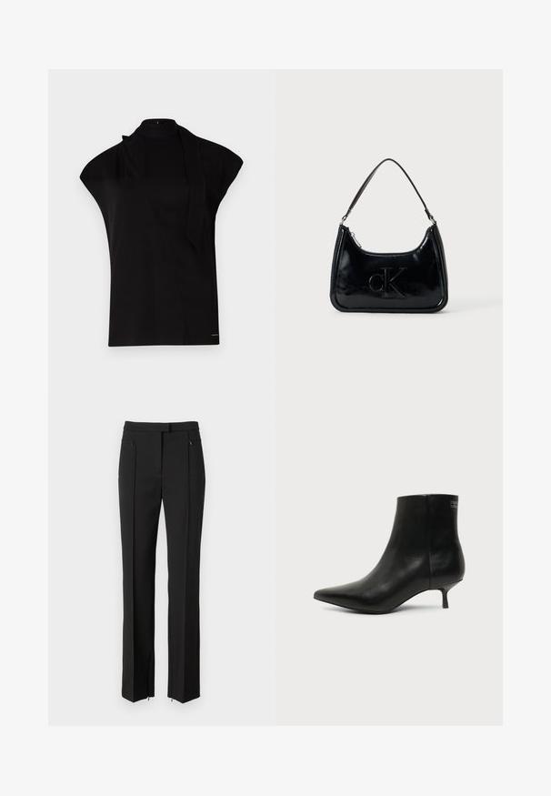 Top negro de cuello alto con mangas tipo farol, que presenta un diseño asimétrico y una larga corbata al cuello. Hecho de un tejido suave con un aspecto minimalista.; Pantalones negros con un diseño ajustado, que presentan un frente plano, bolsillos con cremallera y un corte de pierna recta. Fabricados con una tela suave.; Botín de piel negra con puntera puntiaguda y tacón bajo estilo kitten sobre fondo claro, mostrando vista lateral exterior.; Bolso de mano de piel sintética negra con un asa curvada en la parte superior, cierre de cremallera y logo "cK" en relieve en el frente. Textura suave, forma estructurada.