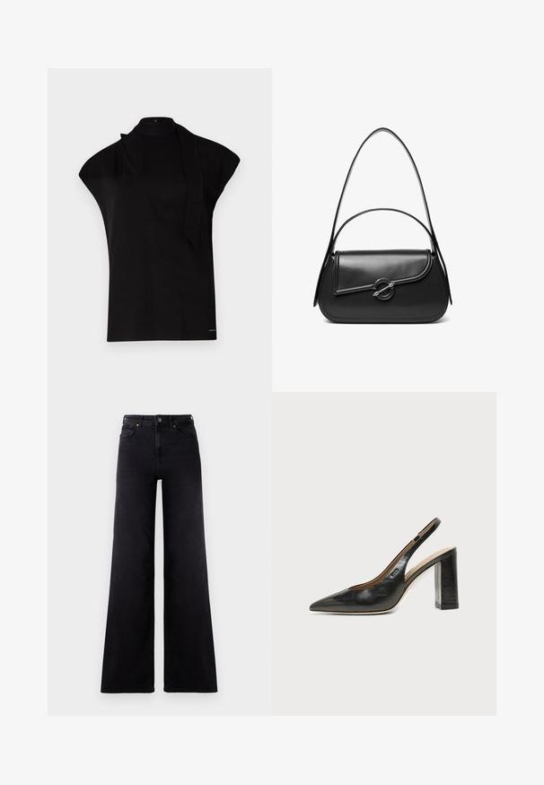 Top noir à col montant avec manches courtes, présentant un design asymétrique et une longue cravate. Fabriqué en tissu lisse au look minimaliste.; Jean large taille haute noir avec poches avant, passants de ceinture et fermeture à bouton.; Chaussure slingback en cuir noir à bout pointu avec un talon bloc haut et une doublure intérieure beige sur un fond clair uni.; Sac à bandoulière en cuir noir avec un rabat incurvé fermé par un fermoir métallique rond et une sangle fine et ajustable.