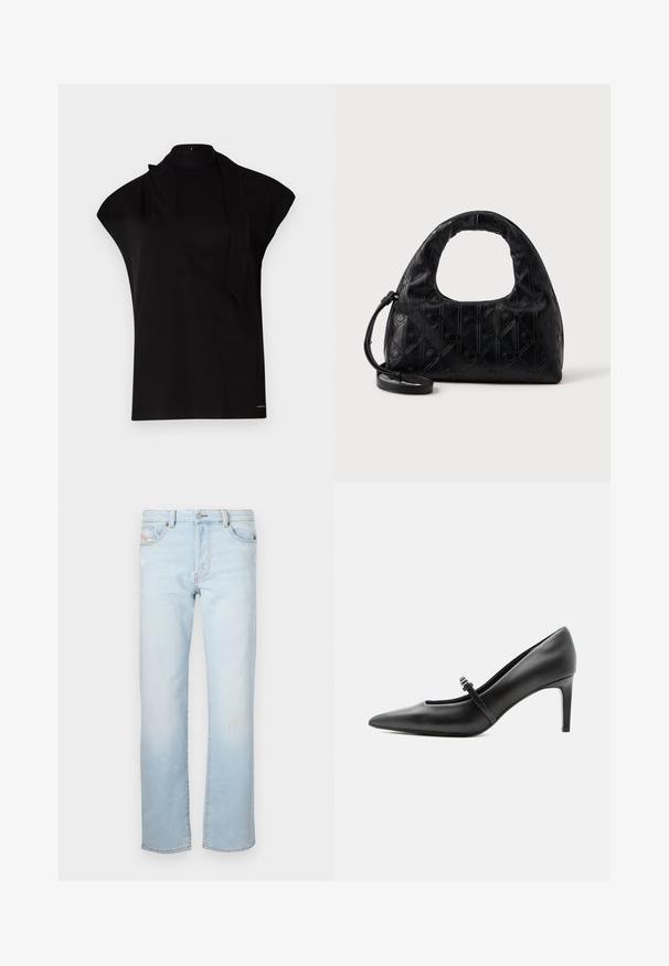 Top noir à col montant avec manches courtes, présentant un design asymétrique et une longue cravate. Fabriqué en tissu lisse au look minimaliste.; Jean en denim bleu clair à coupe droite, arborant de légères distresses, cinq poches et une fermeture à bouton.; Escarpin noir en cuir à bout pointu avec une fine bride et une boucle sur le cou-de-pied, posé sur un fond clair neutre.; Sac à main en cuir noir avec une anse supérieure incurvée, un motif en diamant subtile, et une bandoulière détachable. La texture est lisse avec des détails embossés.